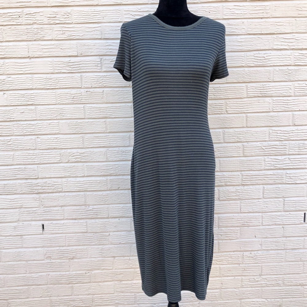 Gap Army Green & Navy Striped Short Sleeve Cotton Blend Fitted Pullover Dress M